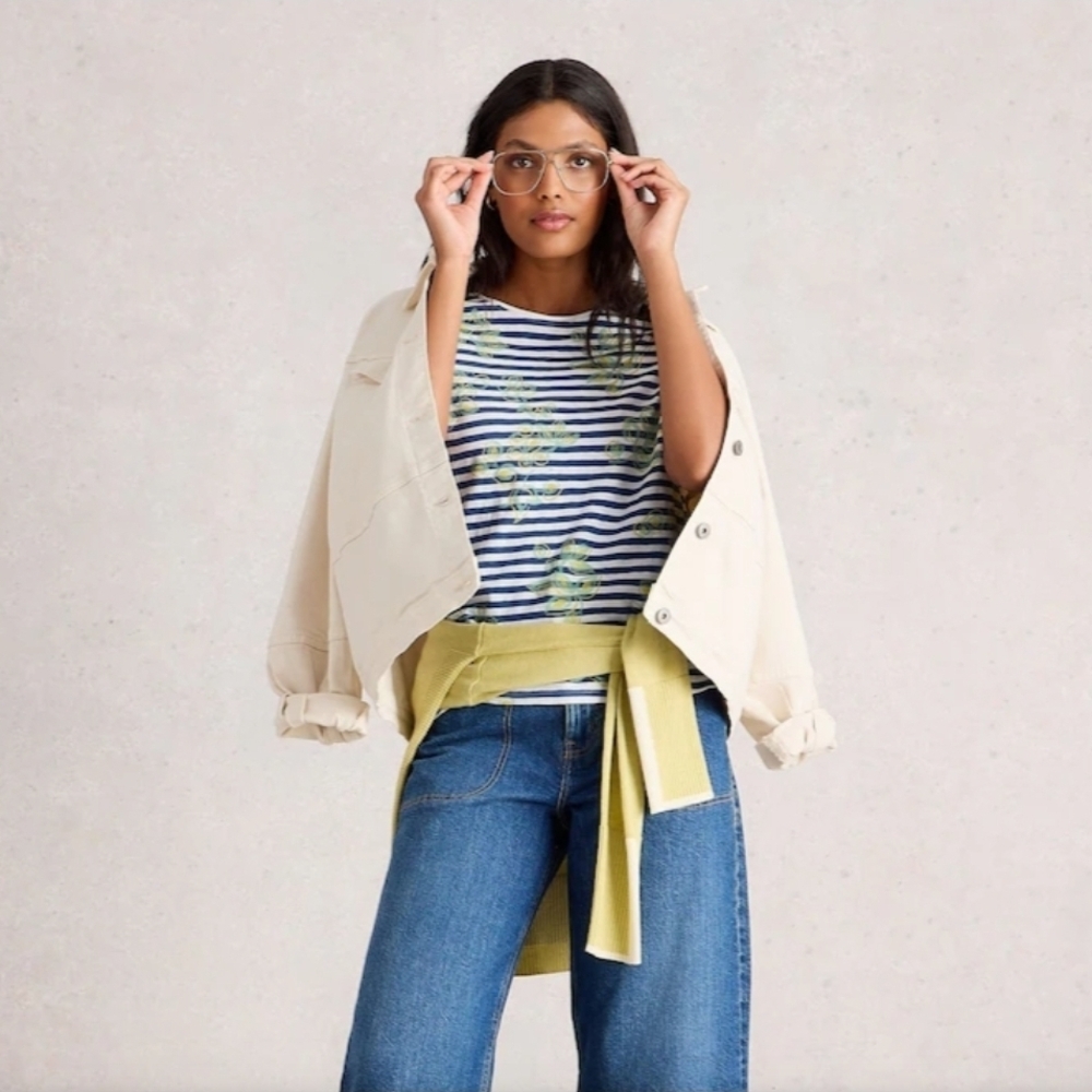 White Stuff Abbie Striped Short Sleeve Tee - Navy and Lime